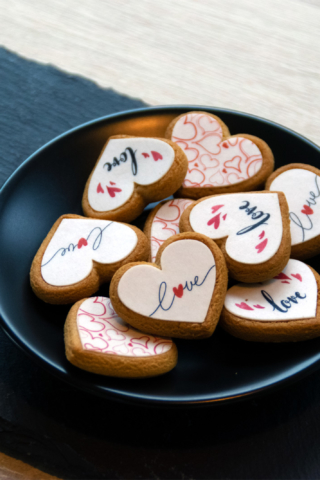 Heart-shaped custom printed biscuits